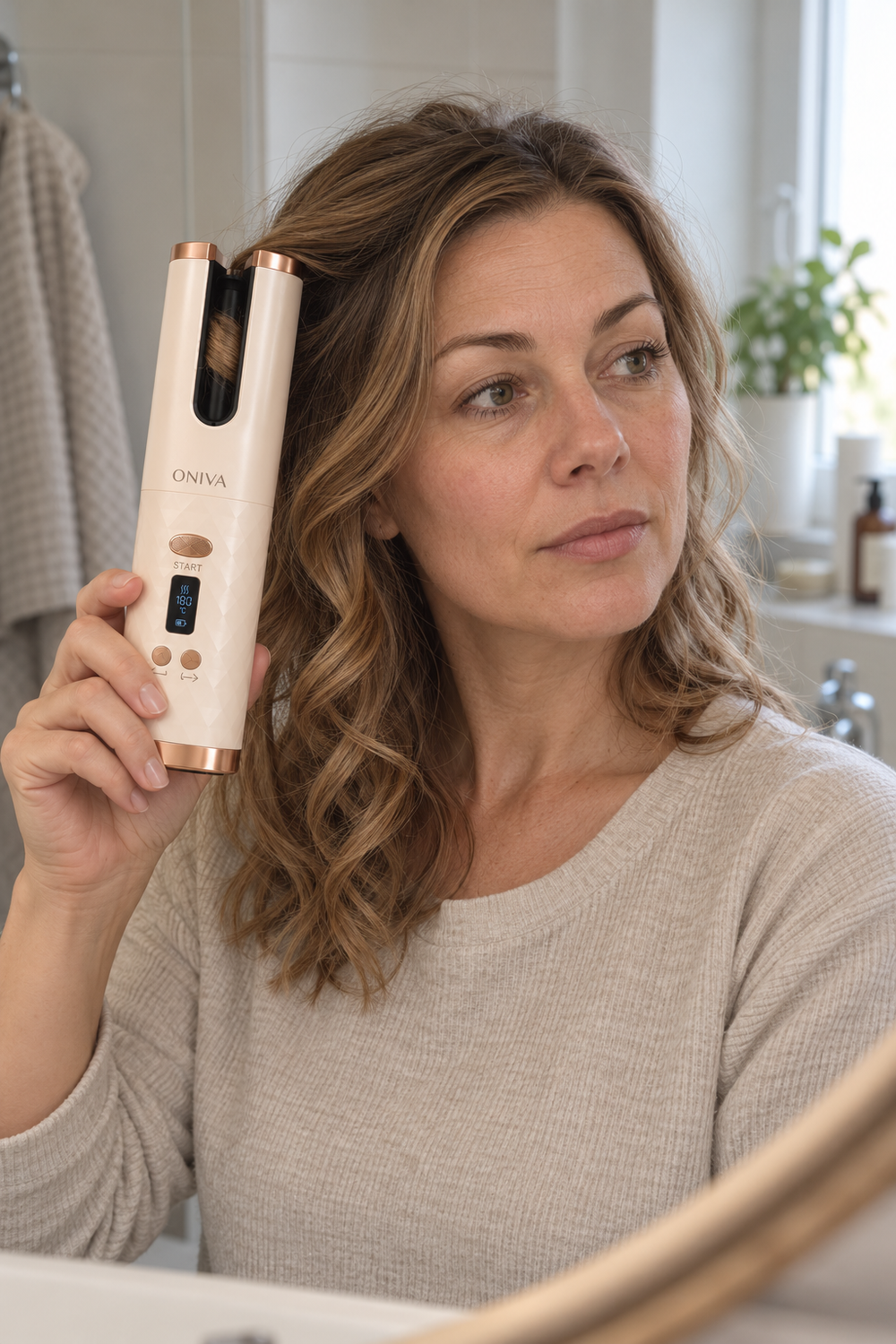 Kvinna som stylar håret med CurlFlow i badrummet